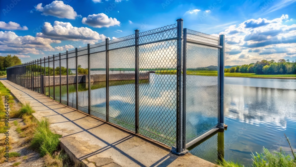A sturdy metal fence surrounds a large water reservoir, enforcing access control and protecting the precious resource from potential contamination or sabotage threats. A sturdy metal fence surrounds a large water reservoir, enforcing access control and protecting the precious resource from potential contamination or sabotage threats.