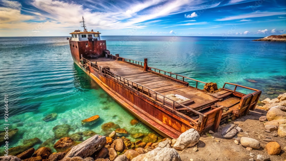 A sturdy, rust-colored landing craft, partially beached on a rocky shoreline, with worn wooden planks and rusted metal rails, surrounded by calm turquoise water. A sturdy, rust-colored landing craft, partially beached on a rocky shoreline, with worn wooden planks and rusted metal rails, surrounded by calm turquoise water.