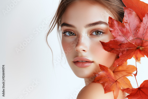 Portrait of beautiful young woman with autumn leafs. Healthy clean fresh skin natural make up beauty eyes on white background 