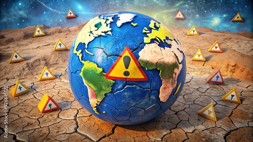 A stylized globe with cracks, broken ground, and fallen buildings, surrounded by warning icons, exclamation marks, and caution signs in bold colors. photo