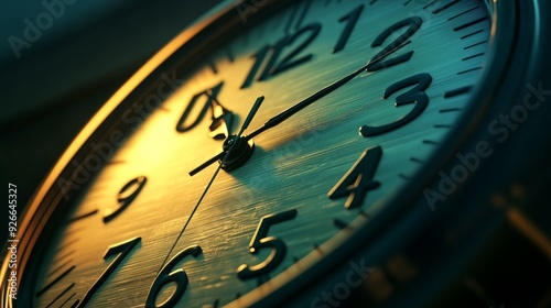 Close-up of an analog clock face with the hour hand pointing to one. The clock face is illuminated by warm light.