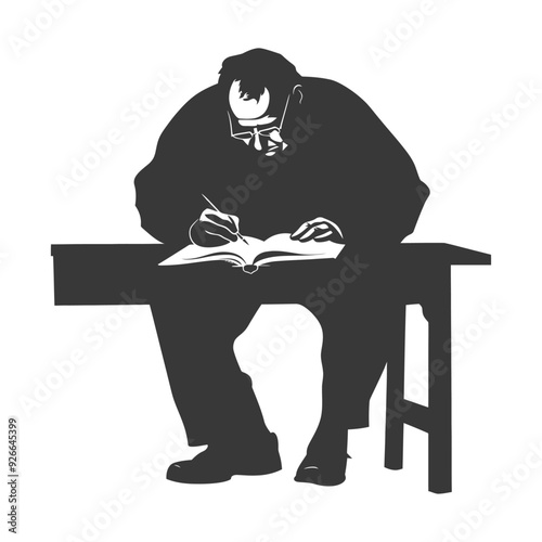 Silhouette of a man writing in a book while sitting on a bench