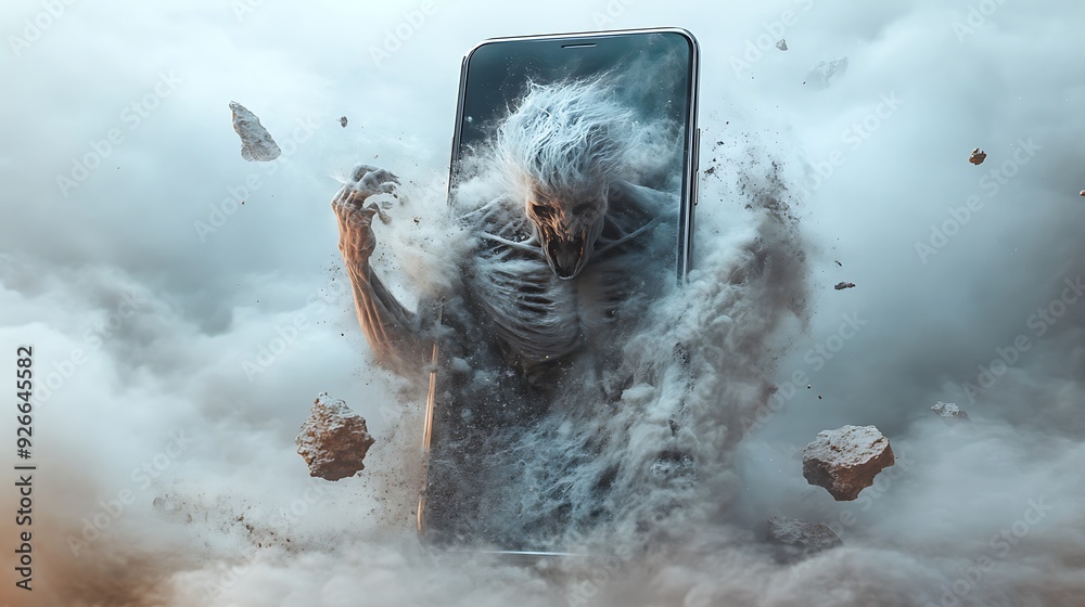 Fototapeta premium A monstrous figure bursts from a smartphone screen, surrounded by dust and debris.