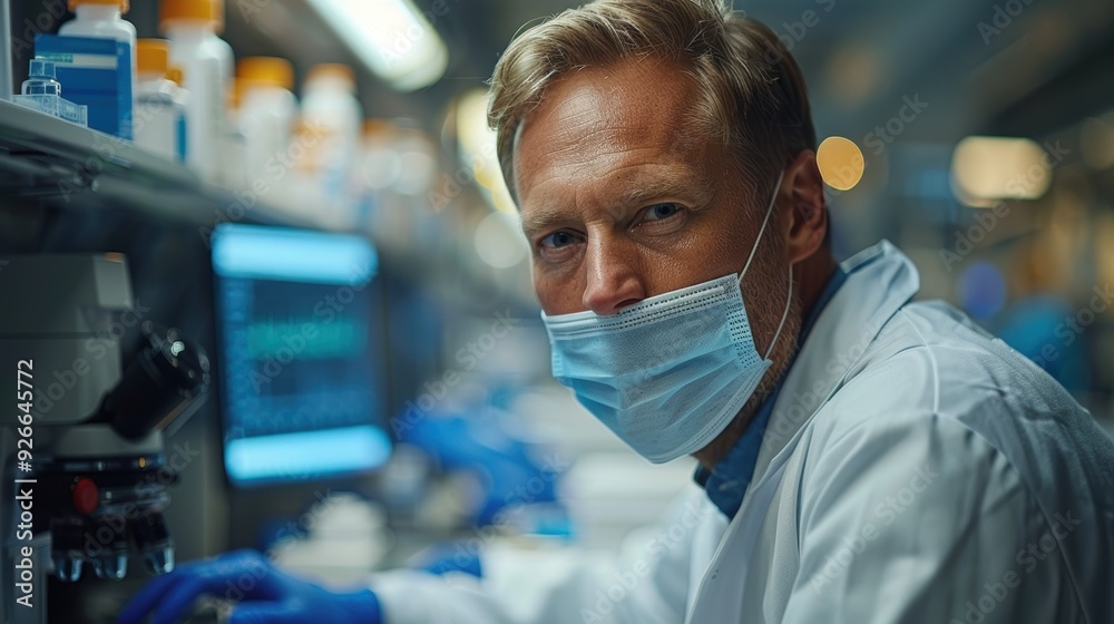 Scientist working in a laboratory at night, analyzing samples under a microscope with a focus on research and development Scientist working in a laboratory at night, analyzing samples under a microscope with a focus on research and development