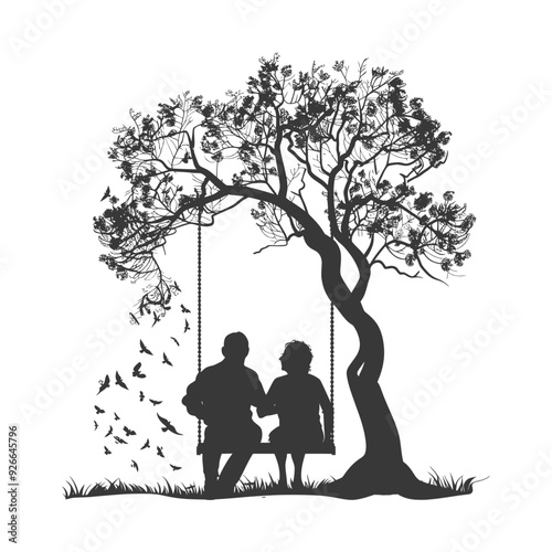 Silhouette of an elderly couple on a swing under a tree