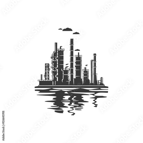 Silhouette of an industrial plant with smokestacks on a body of water