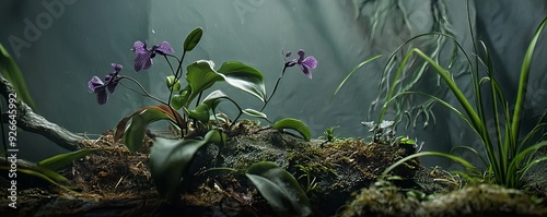 Purple orchids bloom in a lush, misty forest. photo