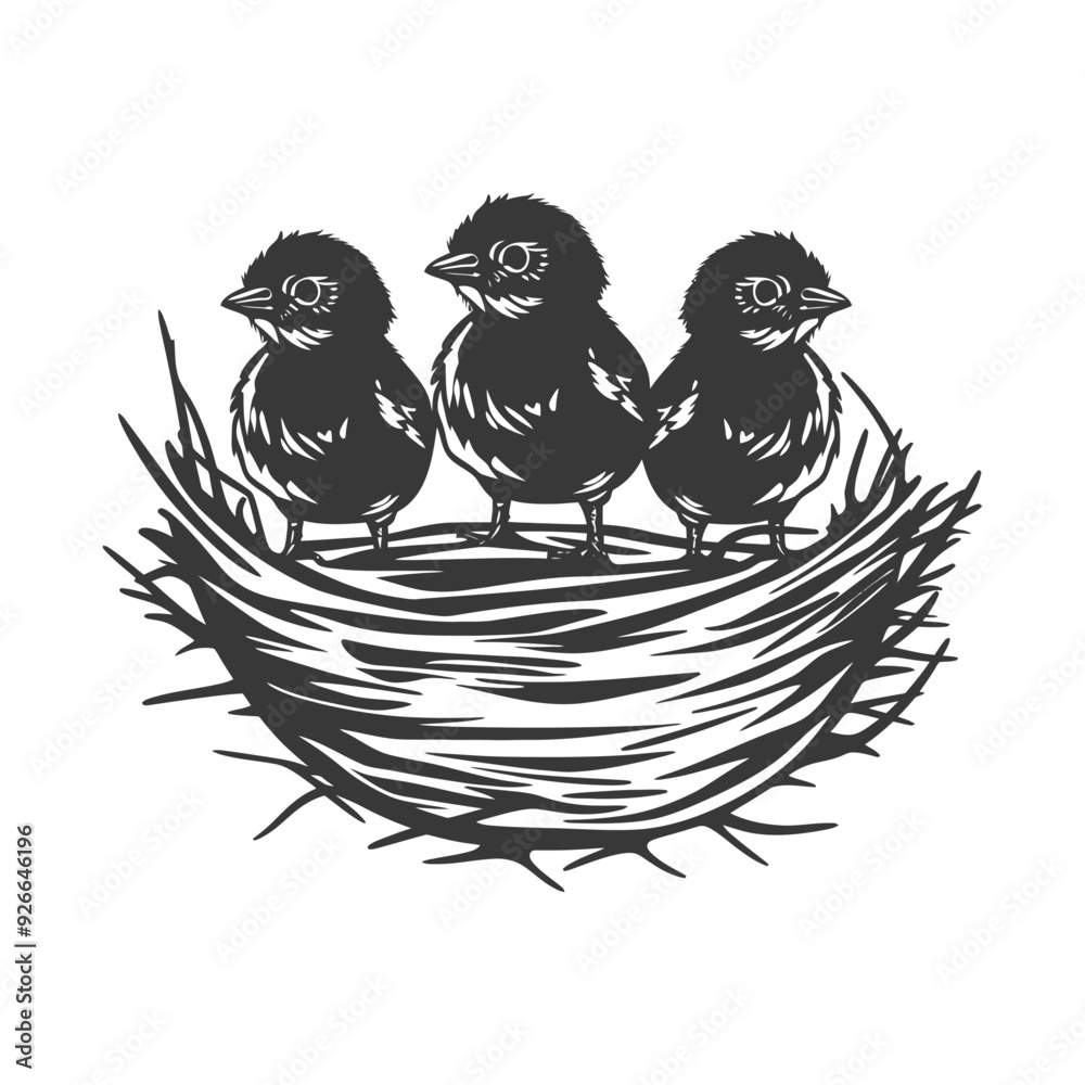 Three Baby Birds in a Nest Silhouette Three Baby Birds in a Nest Silhouette