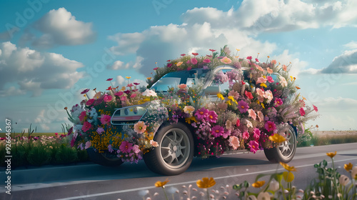 Fototapeta Naklejka Na Ścianę i Meble -  A 3d illustration of a car covered in many different flowers
