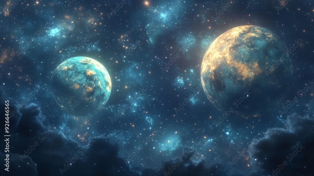 Two planets glowing in a vast, starry sky. Cosmic dust and nebulae create a dramatic, celestial scene. Two planets glowing in a vast, starry sky. Cosmic dust and nebulae create a dramatic, celestial scene.