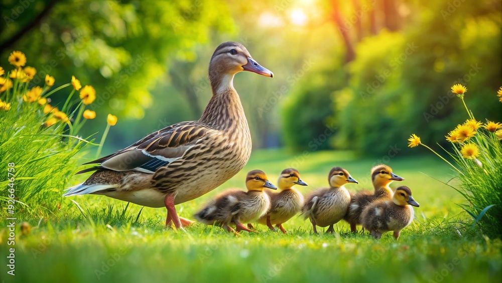 A tender moment captures a devoted mother duck gently leading her fluffy brood of ducklings through a serene and lush green meadow on a sunny day. A tender moment captures a devoted mother duck gently leading her fluffy brood of ducklings through a serene and lush green meadow on a sunny day.
