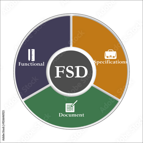 FSD - Functional Specifications Document acronym. Infographic template with icons and description placeholder