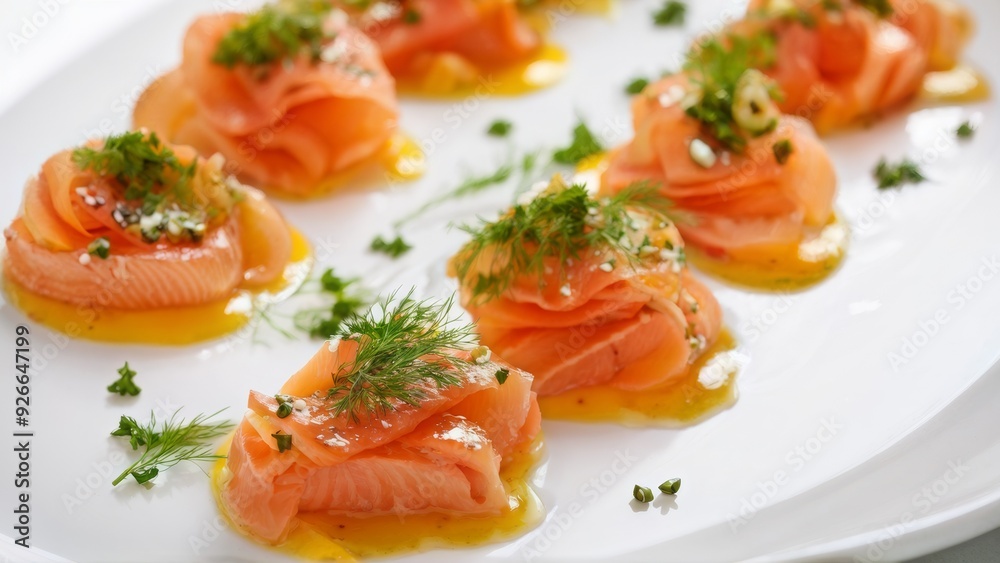 Thinly sliced smoked salmon, artfully laid out on a white porcelain plate, sprinkled with capers on top, with a little dressing of sour cream, mayonnaise, Dijon mustard, dill and lemon juice. Thinly sliced smoked salmon, artfully laid out on a white porcelain plate, sprinkled with capers on top, with a little dressing of sour cream, mayonnaise, Dijon mustard, dill and lemon juice.