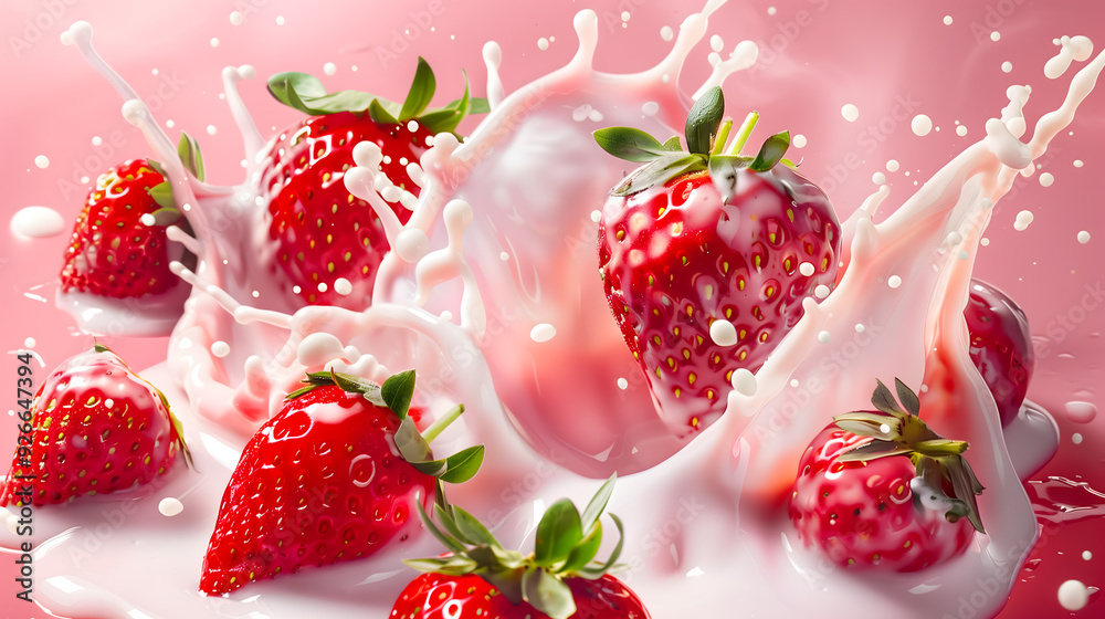 Close shot of a strawberry and splashes of a cream on solid pink background Close shot of a strawberry and splashes of a cream on solid pink background