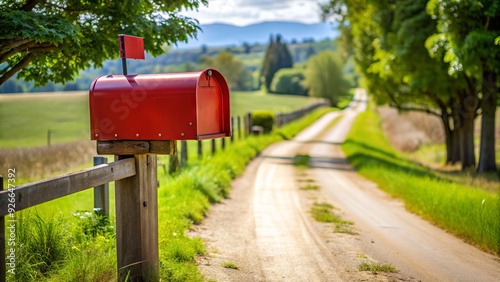 A traditional red metal mailbox stands alone at the edge of a rural driveway, a single white envelope protruding from the partially open mailbox door. photo