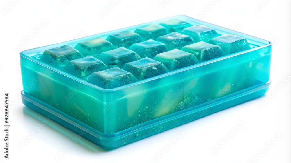 A transparent soap base mold lies on a white background, filled with a vibrant turquoise soap mixture, awaiting final shaping and packaging. A transparent soap base mold lies on a white background, filled with a vibrant turquoise soap mixture, awaiting final shaping and packaging.