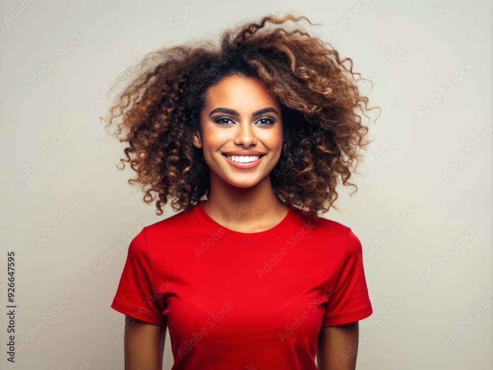 Attractive curly-haired young woman wearing a vibrant red t-shirt with a customizable identity print, posing confidently against a neutral background with a bright smile. Attractive curly-haired young woman wearing a vibrant red t-shirt with a customizable identity print, posing confidently against a neutral background with a bright smile.