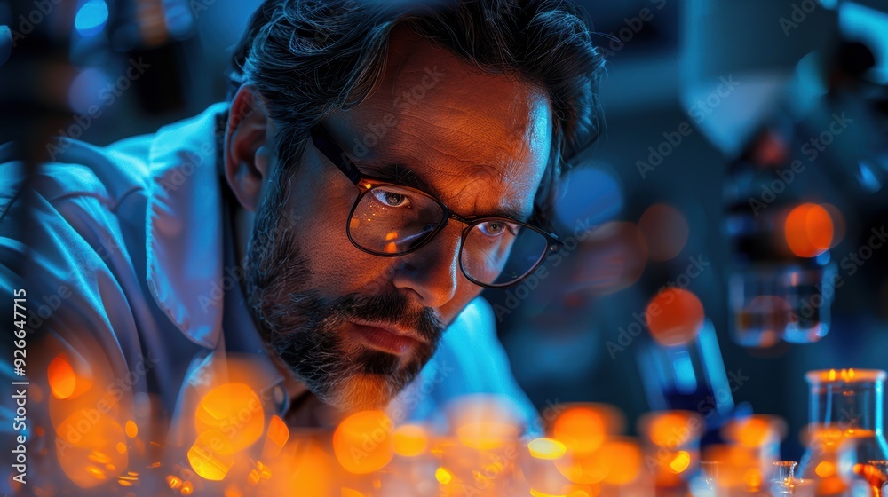 Fototapeta premium Scientist examining glowing samples in a laboratory during nighttime