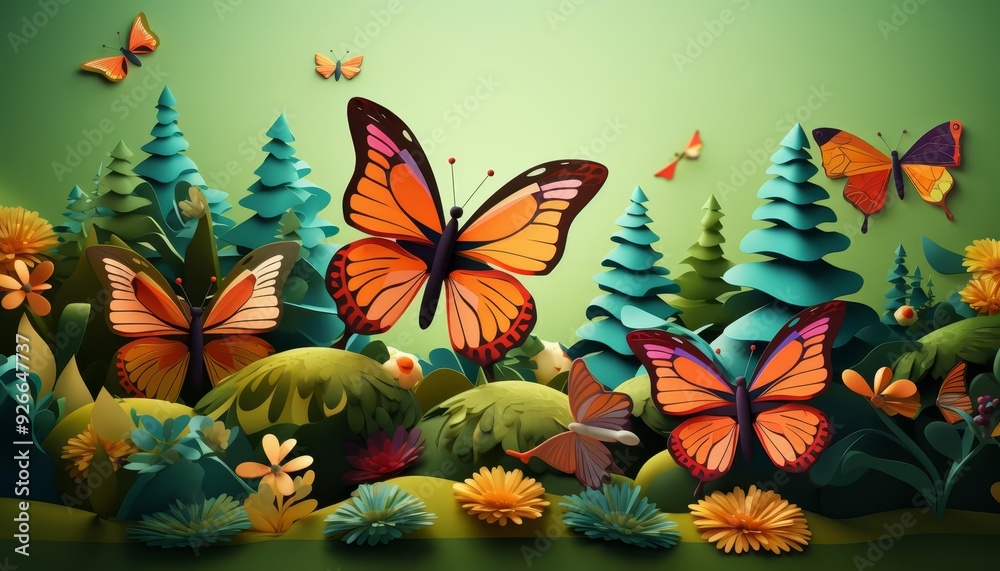 Naklejka premium Garden scene with butterflies, flat design, side view, nature theme, 3D render, Triadic Color Scheme