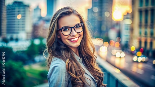 Attractive young woman wearing trendy glasses and a bright smile, posing against a blurred city background, exuding confidence and modern urban style.