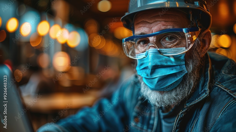 Obraz premium Construction worker wearing a mask and safety glasses seated at a table indoors with warm lighting in the background