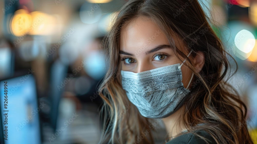 Young woman wearing a mask in a busy workspace during the pandemic