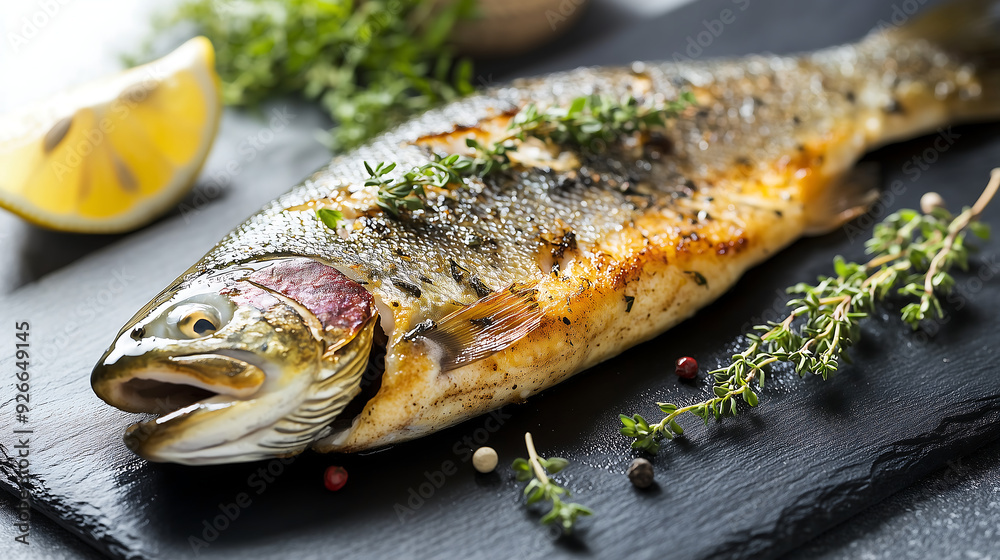 Breathing fresh thyme and lemon on the whole, large rainbow trout, close up view of the fish against a dark background, with fresh herbs and spices lying nearby Breathing fresh thyme and lemon on the whole, large rainbow trout, close up view of the fish against a dark background, with fresh herbs and spices lying nearby
