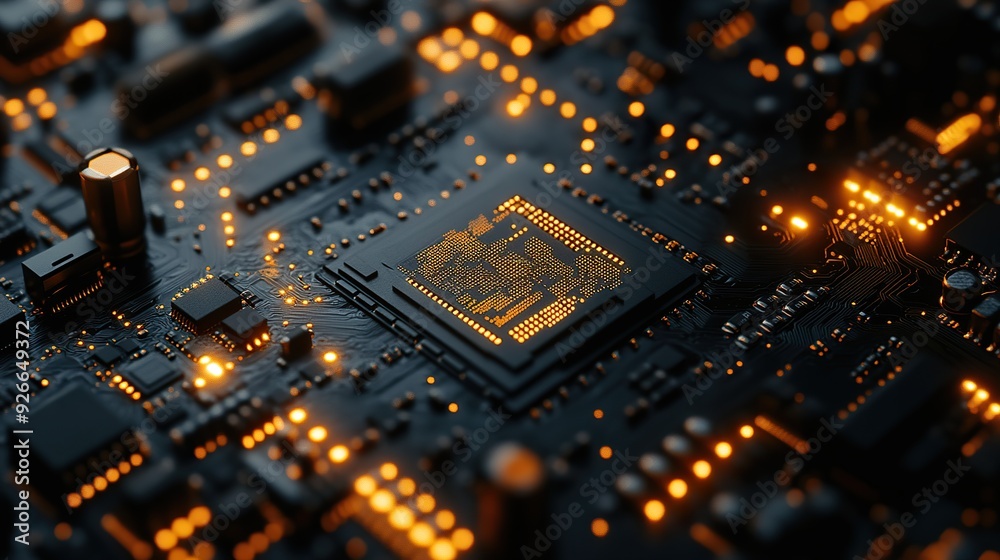 A close-up of a digital motherboard with network mesh wire patterns, spotlighted to emphasize the intricate circuitry and connections against a dark backdrop A close-up of a digital motherboard with network mesh wire patterns, spotlighted to emphasize the intricate circuitry and connections against a dark backdrop