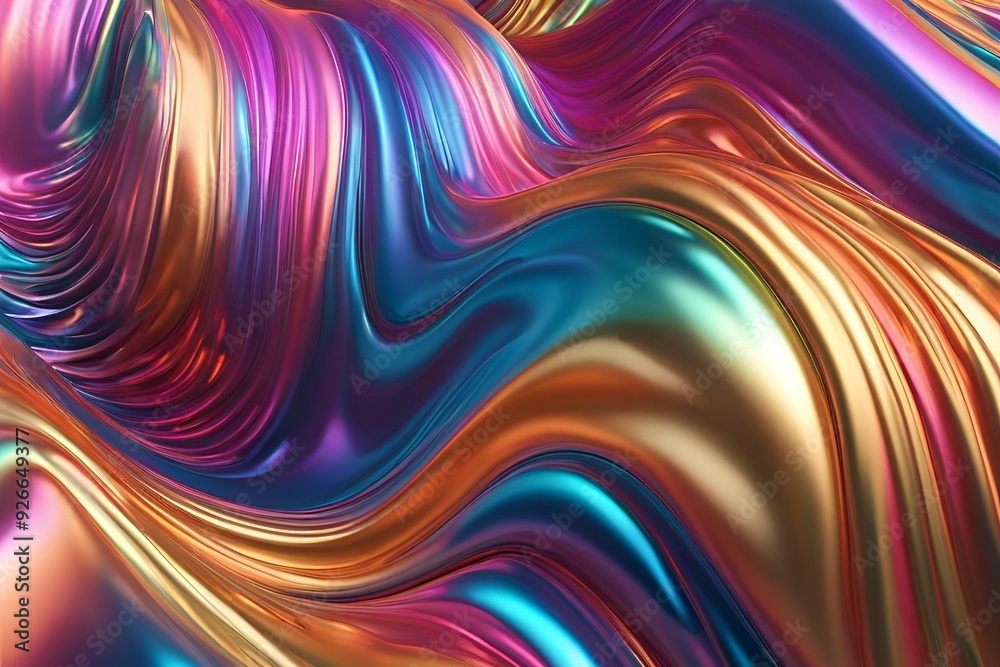 Abstract fluid iridescent holographic metalic shiny curved wave in motion colorful background 3d render. Gradient design element for backgrounds, banners, wallpapers, posters and covers. Abstract fluid iridescent holographic metalic shiny curved wave in motion colorful background 3d render. Gradient design element for backgrounds, banners, wallpapers, posters and covers.