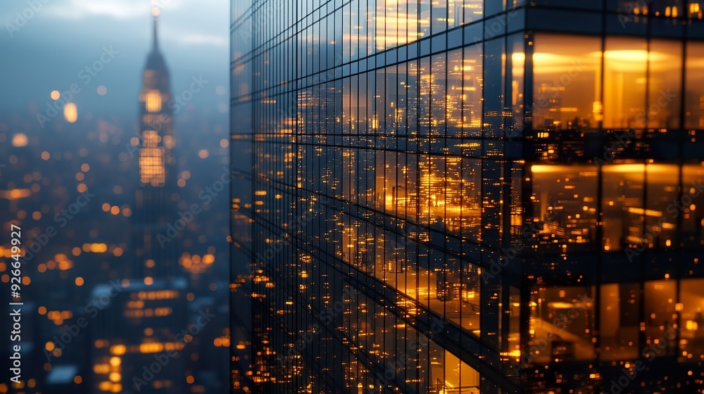 A close-up of a modern skyscraper with reflective glass, spotlighted to emphasize its architectural details against a city skyline background A close-up of a modern skyscraper with reflective glass, spotlighted to emphasize its architectural details against a city skyline background