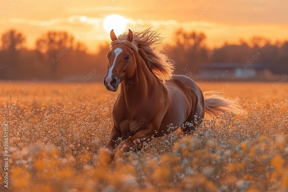 majestic brown stallion galloping through golden meadow at sunset mane flowing muscles rippling freedom and power embodied majestic brown stallion galloping through golden meadow at sunset mane flowing muscles rippling freedom and power embodied