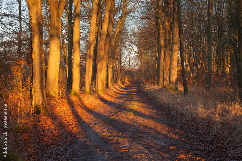 Fototapeta premium Serene forest path bathed in golden sunlight during autumn, with tall trees casting long shadows.