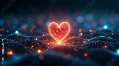 A glowing, digital heart made of interconnected nodes and lines pulses with vibrant energy against a dark, futuristic background, symbolizing love and technology.