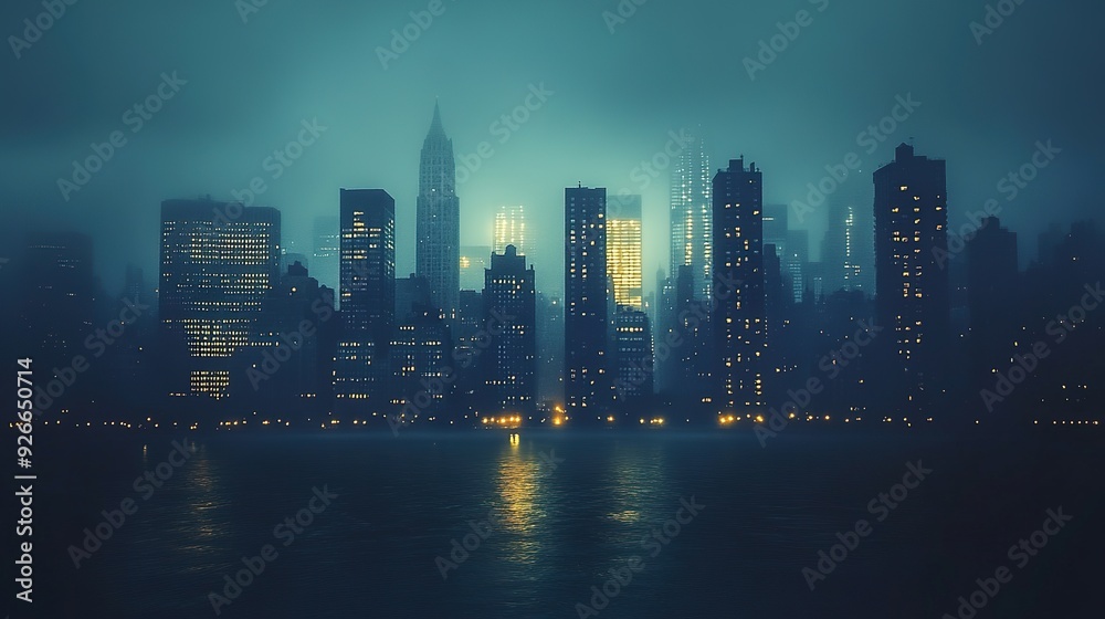 A dramatic skyline at dusk with illuminated buildings, spotlighted to highlight their silhouettes against a darkening sky A dramatic skyline at dusk with illuminated buildings, spotlighted to highlight their silhouettes against a darkening sky