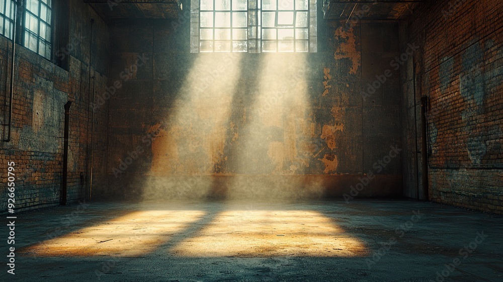 A dramatic spotlight casting a beam of light through a dusty, empty ...