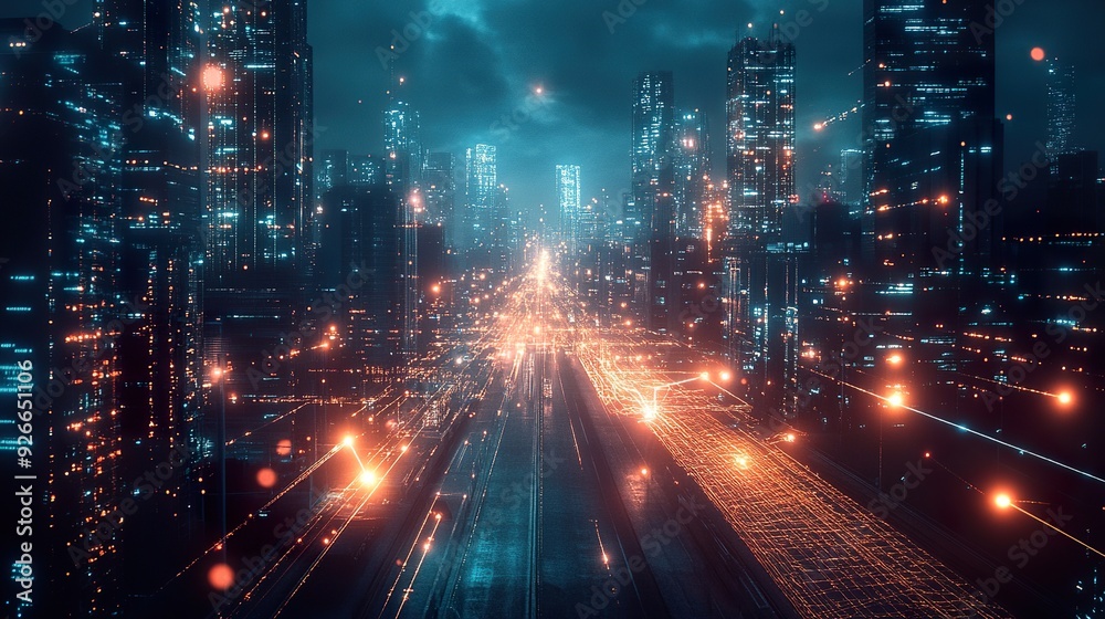 A futuristic cityscape with a network mesh wire overlay, the spotlight highlighting the digital pathways and connections against a dark, tech-inspired background A futuristic cityscape with a network mesh wire overlay, the spotlight highlighting the digital pathways and connections against a dark, tech-inspired background