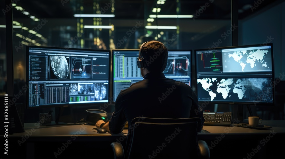 One person working on laptop in office with group, success and technology. One person working on laptop in office with group, success and technology.