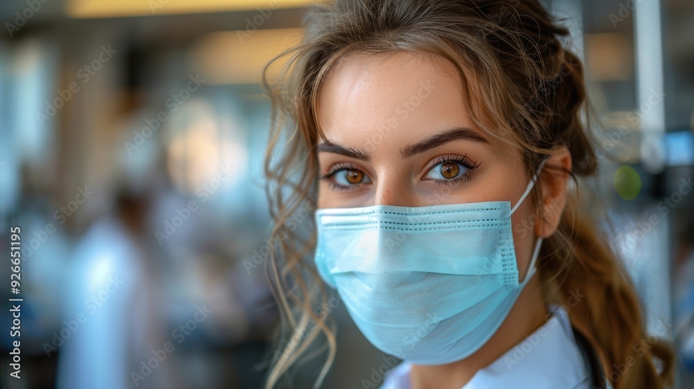 Young healthcare worker wearing a mask in a hospital setting during a busy day Young healthcare worker wearing a mask in a hospital setting during a busy day