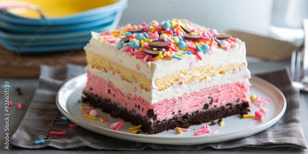 Indulge in this colorful layered ice cream cake topped with sprinkles, perfect for celebrations and desserts. Indulge in this colorful layered ice cream cake topped with sprinkles, perfect for celebrations and desserts.