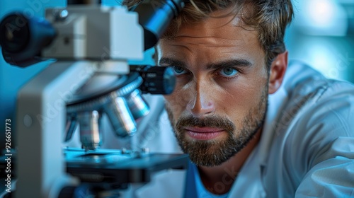 Scientist examining samples under a microscope in a laboratory setting during the day