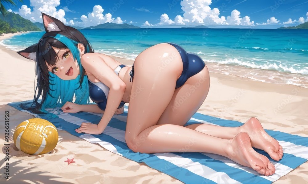 Fototapeta premium A girl with animal ears is having fun on the beach. In anime style.