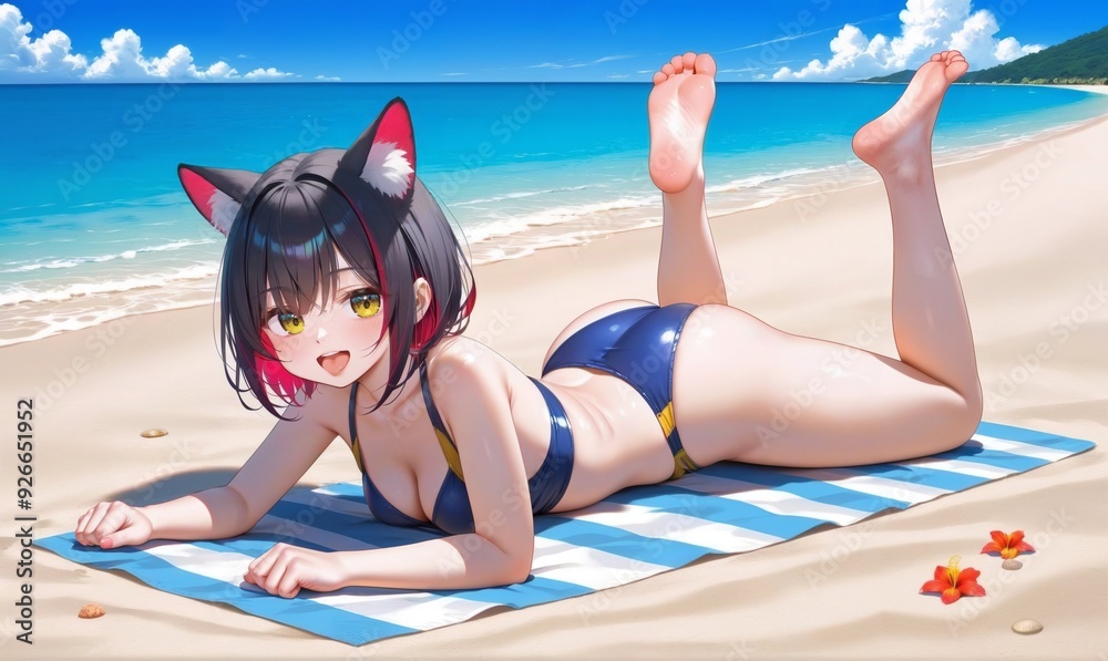 Fototapeta premium A girl with animal ears is having fun on the beach. In anime style.