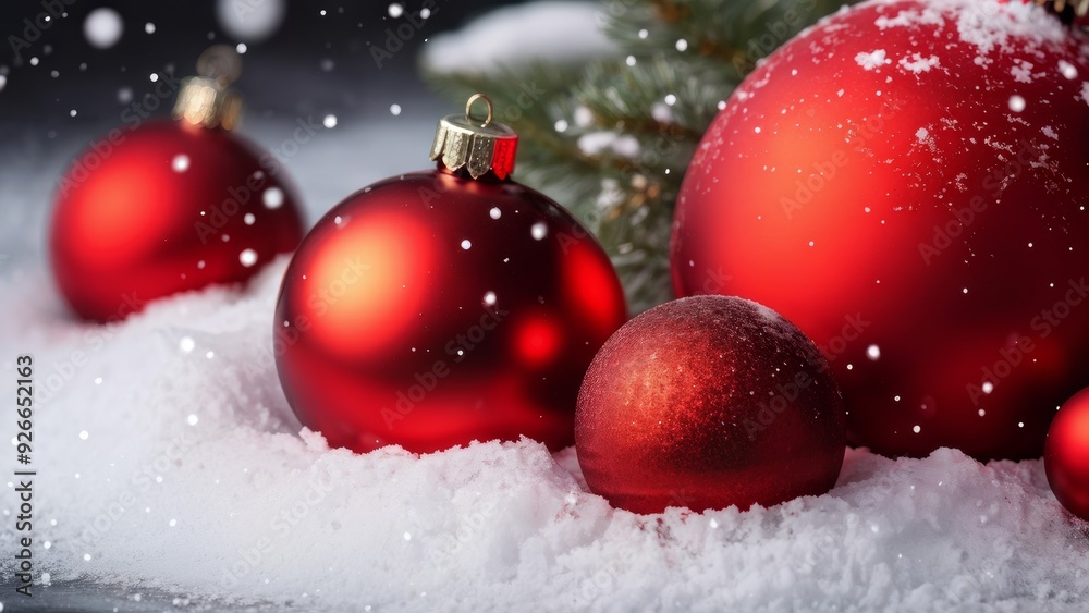 Red Christmas ornaments on snow with tree branches in background. Festive holiday scene with snowflakes. Celebration and decoration concept Red Christmas ornaments on snow with tree branches in background. Festive holiday scene with snowflakes. Celebration and decoration concept