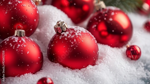 Red Christmas ornaments on snow with tree branches in background. Festive holiday scene with snowflakes. Celebration and decoration concept