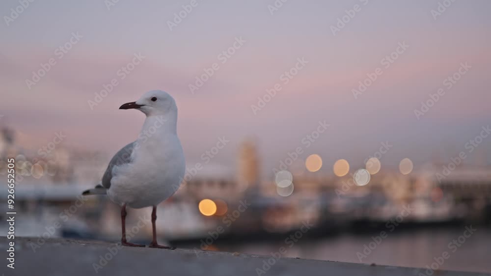 Lonely seagull at pink sunset city background of South Africa cape Town. Romantic copy space, travel, exotic country lifestyle. Wild birds, animals. Beautiful seascape, summer vacation vibe Lonely seagull at pink sunset city background of South Africa cape Town. Romantic copy space, travel, exotic country lifestyle. Wild birds, animals. Beautiful seascape, summer vacation vibe