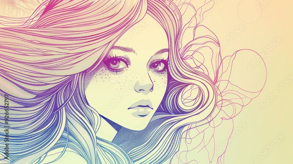 Stylized illustration of a woman's face with flowing hair, featuring artistic elements like floral patterns Stylized illustration of a woman's face with flowing hair, featuring artistic elements like floral patterns