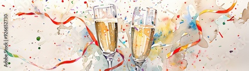 Watercolor Painting of Champagne Glasses with Confetti