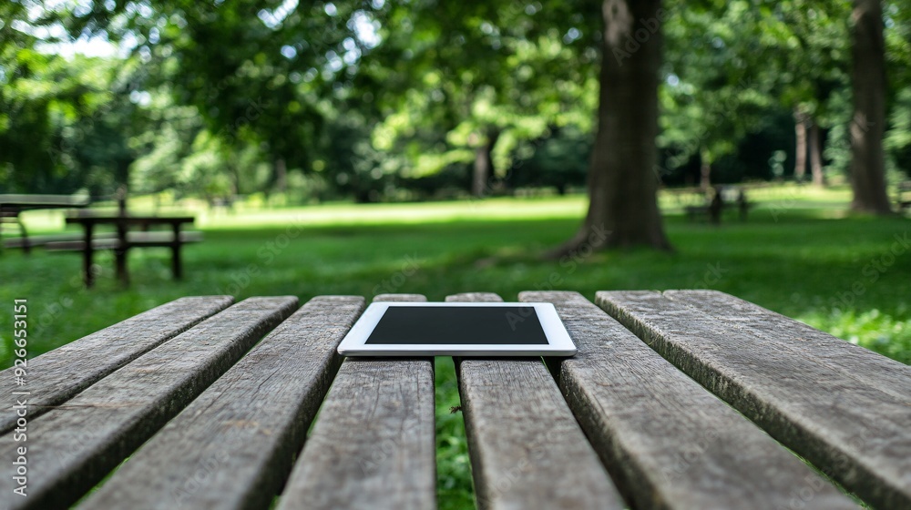 A tablet sits on a wooden bench in a park with a blurred background of trees and grass. A tablet sits on a wooden bench in a park with a blurred background of trees and grass.