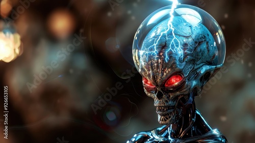 Stylized, artistic representation of an alien creature, characterized by its large, bulbous head, red eyes, and metallic skin photo