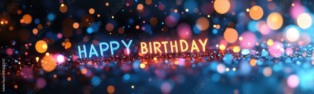 Brightly colored lights are shining brightly on a blue background, banner, copy space, happy birthday Brightly colored lights are shining brightly on a blue background, banner, copy space, happy birthday
